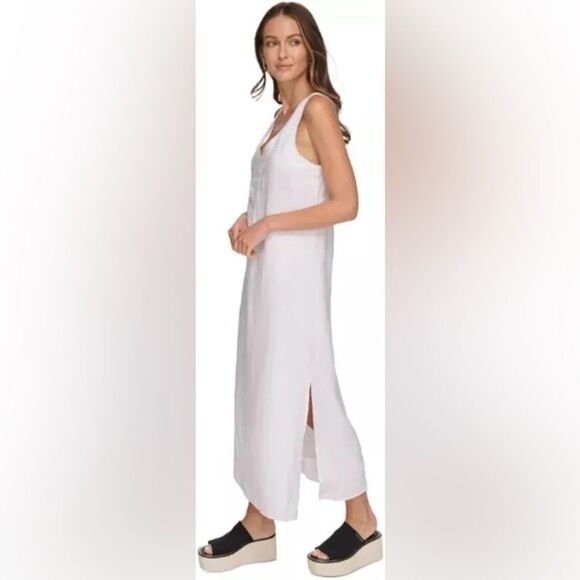 NWT DKNY linen maxi dress, white with slit and v neck, tank top XXL - Picture 4 of 7
